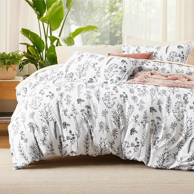 Certified Bedsure Duvet Cover King Size - Reversible White King Duvet Cover Set with Zipper Closure 3 Pieces Floral Patterned Bedding Set with 8 Corner Ties and 2 Pillow Shams Solid