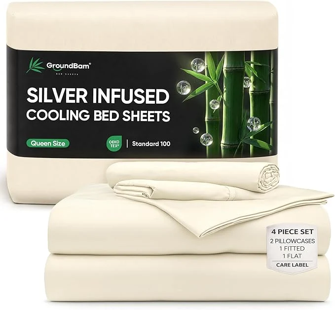 Official Silver Infused Bed Sheets Set Temperature-Regulating Fabric with Self-Cleaning Technology for 3X Freshness Sleep Organic Viscose Derived from Bamboo OffWhite Queen Fashionable