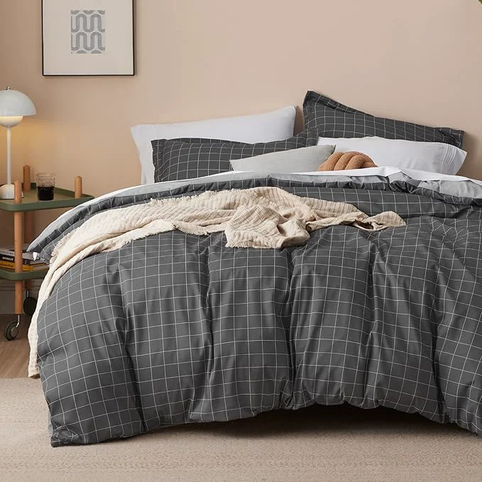 Verified Bedsure Duvet Cover Queen Size - Reversible Plaid Duvet Cover Set with Zipper Closure 3 Pieces Dark Grey Bedding Set with 8 Corner Ties and 2 Pillow Shams 20 quot x26 quot Versatile