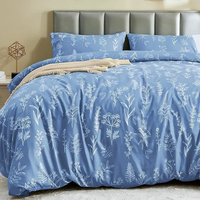 Green MUXHOMO Duvet Cover King Size Reversible Floral Ice Blue Duvet Cover Set with Zipper Closure 3 Pieces Botanical Patterns Soft Microfiber Bedding Set with 4 Ties 90 quot x104 quot 2 Pillow Cases Organic