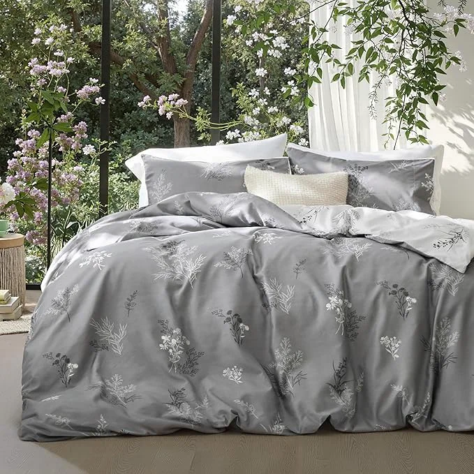 Exclusive Bedsure Duvet Cover Twin Dorm Bedding - Reversible Floral Duvet Cover Set with Zipper Closure 2 Pieces Grey Bedding Set with 8 Corner Ties and 1 Pillowcase 20 quot x26 quot Premium