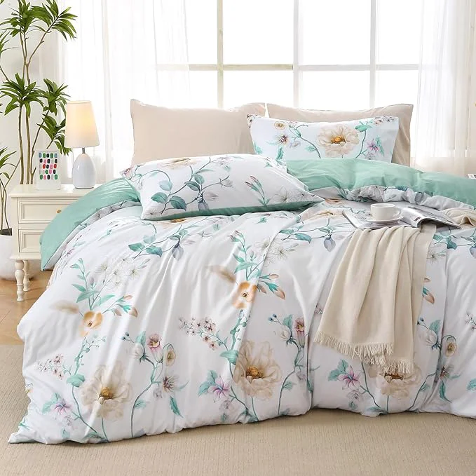 Refined MUXHOMO Duvet Cover Queen Size Reversible Floral Vintage Duvet Cover Set with Zipper Closure 3 Pieces Botanical Patterns Soft Microfiber Bedding Set 90 quot x90 quot 2 Pillow Cases Colorful Green Branch High-Quality