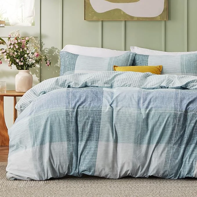 Refined Bedsure Duvet Cover Queen Size - Gingham Reversible Buffalo Plaid Duvet Cover Set with Zipper Closure 3 Pieces Blue Bedding Set with 8 Corner Ties and 2 Pillow Shams 20 quot x26 quot Premium Material