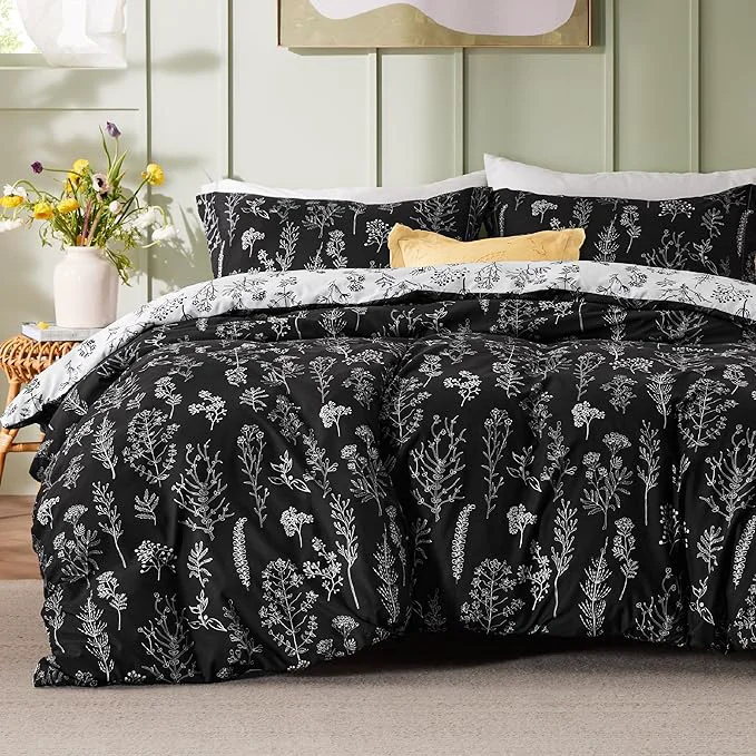 Easy-to-Use Bedsure Duvet Cover Queen Size - Reversible Black Queen Duvet Cover Set with Zipper Closure 3 Pieces Floral Patterned Bedding Set with 8 Corner Ties and 2 Pillow Shams Exceptional
