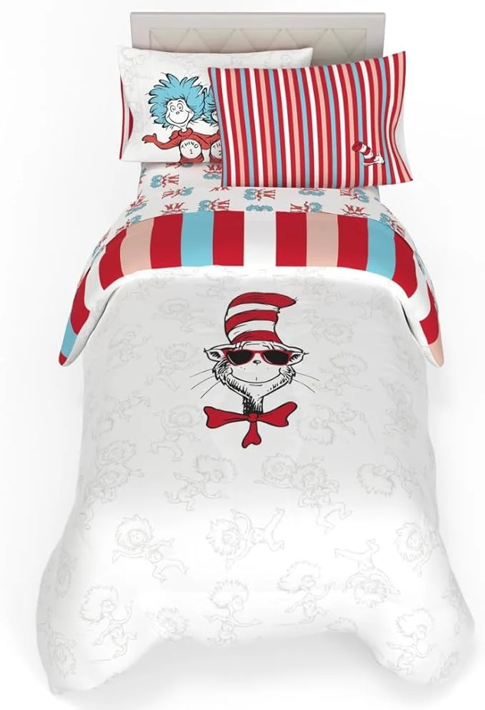 Luxury Dr. Seuss Cat in The Hat Kids Bedding 5 Piece Twin Bed Set Soft Cozy Reversible Comforter and Sheet Set with Sham ly Licensed Product by Franco Expertly Made