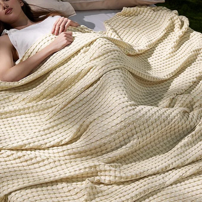 Sustainable Bedsure Cooling Cotton Waffle Queen Size Blanket - Lightweight Breathable Blanket of Rayon Derived from Bamboo for Hot Sleepers Natural 90x90 Inches Elite
