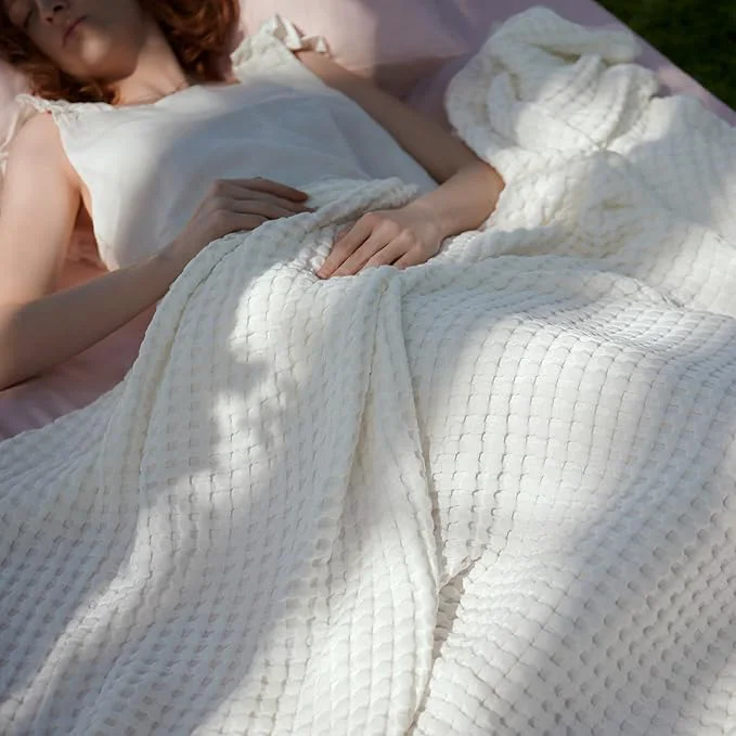 Expertly Made Bedsure Cooling Cotton Waffle Full Size Blanket - Lightweight Breathable Blanket of Rayon Derived from Bamboo for Hot Sleepers Luxury Throws for Bed Couch and Sofa Ivory 80x90 Inches Secure
