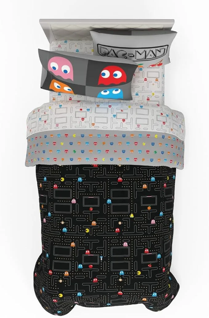 Green Pac-Man Gaming 5 Piece Super Soft Cozy Reversible Comforter and Sheet Set with Sham Twin ly Licensed Product By Franco Official