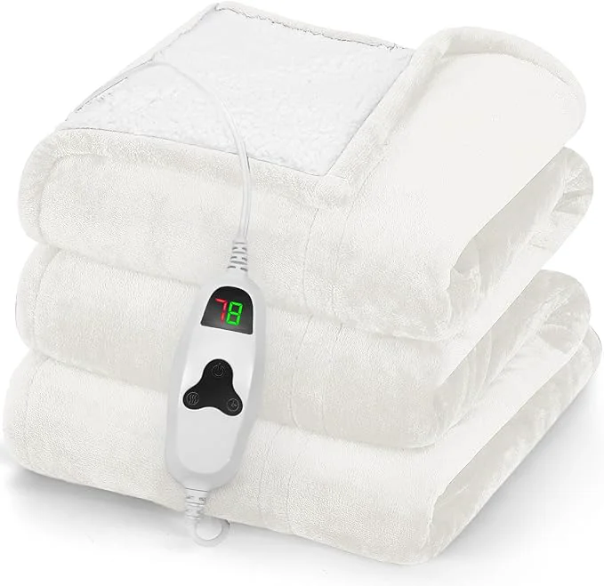greenoak Heated Blanket Electric Throw 50 quot X60 quot Heating Blankets with 10 Heat Levels 8 Hours Auto-Off Soft Flannel Sherpa Fluffy House Warming Gifts for Grandma Seniors Mom Pure White Exclusive
