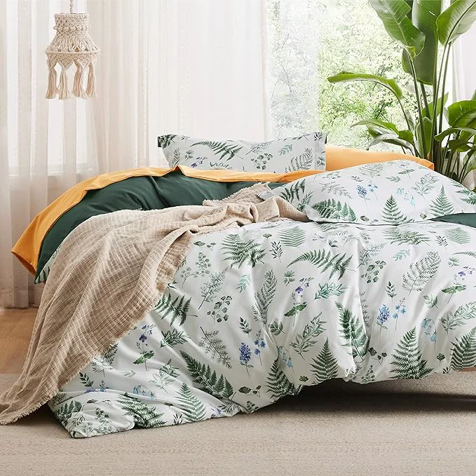 Solid Bedsure Duvet Cover Queen Size - Reversible Plants Duvet Cover Set with Zipper Closure 3 Pieces Green Bedding Set with 8 Corner Ties and 2 Pillow Shams 20 quot x26 quot Pure