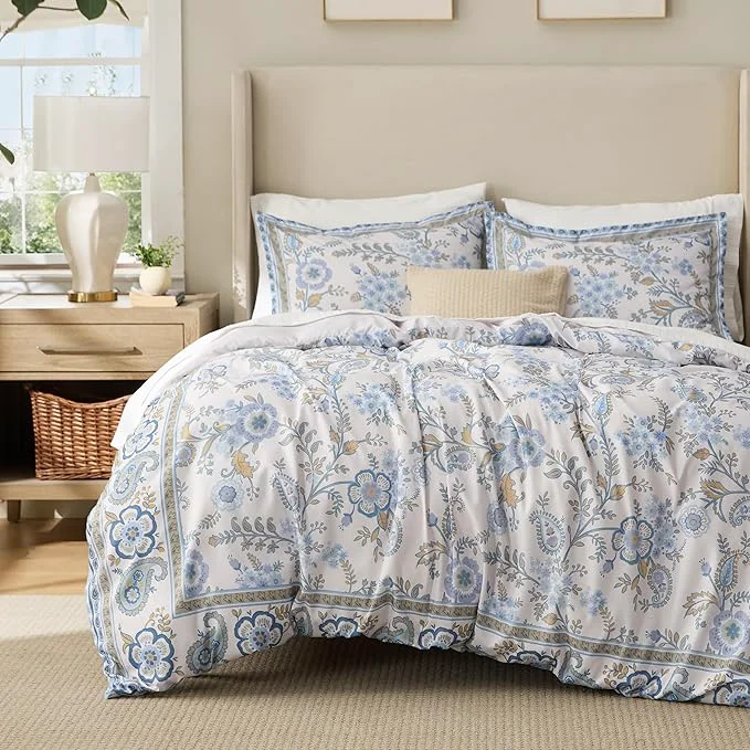 Unique Bedsure Duvet Cover King Size - Reversible Paisley Scrolls Floral Duvet Cover Set with Zipper Closure 3 Pieces Oat Milk Bedding Set with 8 Corner Ties and 2 Pillow Shams 20 quot x36 quot Reusable
