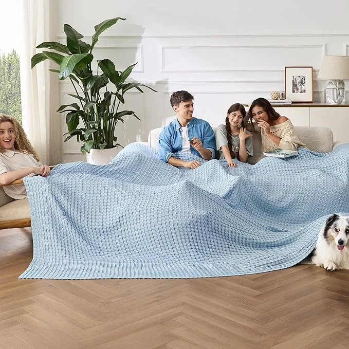 Detailed Bedsure Cooling Cotton Waffle Oversized King Blanket - Lightweight Breathable Rayon Derived from Bamboo for Hot Sleepers Luxury Throws for Bed and Sofa Light Blue 120x96 Inches Responsible