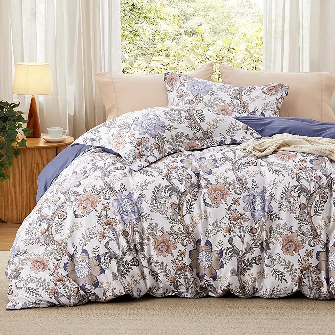 Minimalist Bedsure Duvet Cover King Size - Reversible Blue Floral Duvet Cover Set with Zipper Closure 3 Pieces Blossom Patterned Bedding Set with 8 Corner Ties and 2 Pillow Shams 20 quot x36 quot Soft
