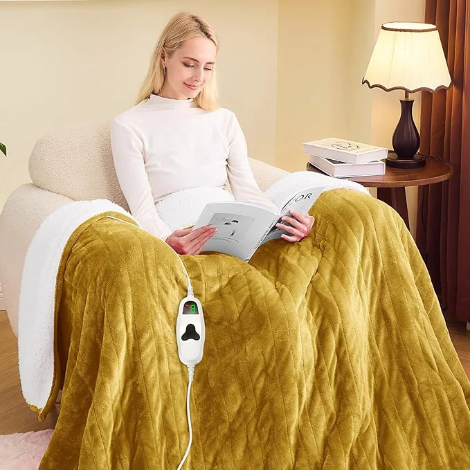 Modern greenoak Heated Blanket Electric Full 72 quot X84 quot Heating Blankets with 10 Heat Levels 8 Hours Auto-Off Soft Flannel Sherpa Fluffy House Warming Gifts for Grandma Seniors Mom Brownish Yellow Traditional