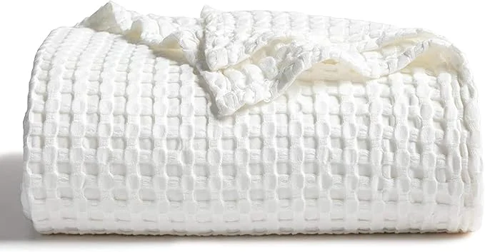 Bedsure Cooling Cotton Waffle Weave Throw Blanket - Lightweight Breathable Blanket of Rayon Derived from Bamboo for Hot Sleepers Luxury Throws for Bed Couch and Sofa Ivory 50x70 Inches Original Design