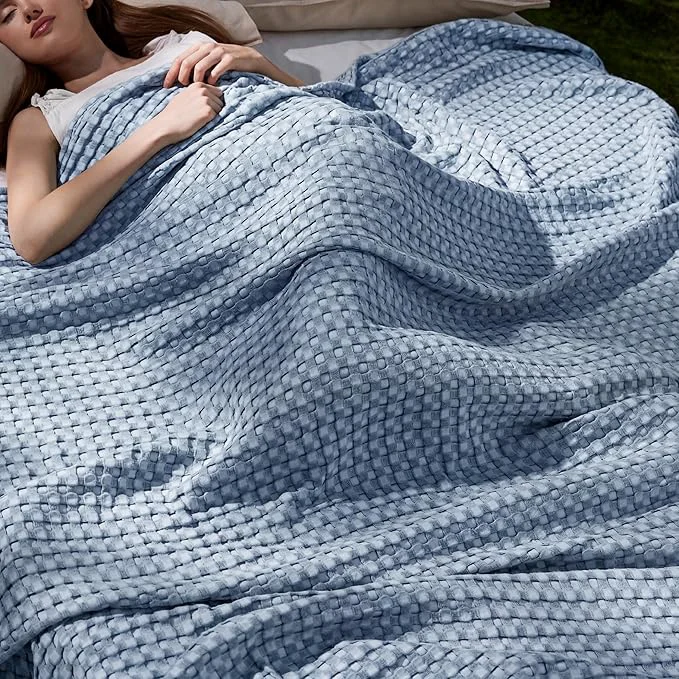 Minimalist Bedsure Cooling Cotton Waffle Full Size Blanket - Lightweight Breathable Blanket of Rayon Derived from Bamboo for Hot Sleepers Luxury Throws for Bed Couch and Sofa Dusty Blue 80x90 Inches Natural