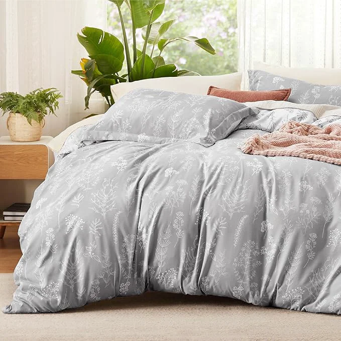 Unique Bedsure Duvet Cover King Size - Reversible Grey King Duvet Cover Set with Zipper Closure 3 Pieces Botanical Floral Patterned Bedding Set with 8 Corner Ties and 2 Pillow Shams Smooth