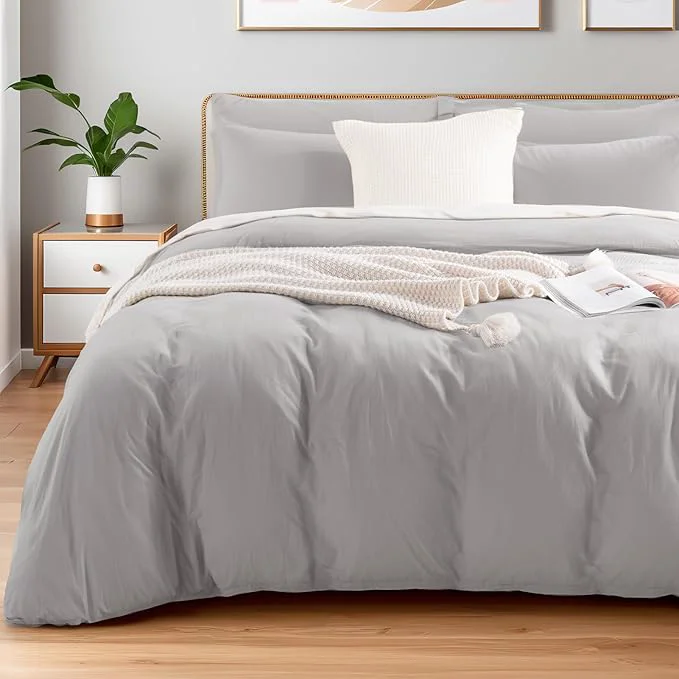 Flexible NEXHOME PRO Duvet Cover Set Queen Size Linen Feel Textured Organic Natural Washed Cotton Duvet Cover 3 Pieces Bedding Set with Zipper Closure Breathable Soft Light Grey No Comforter Secure