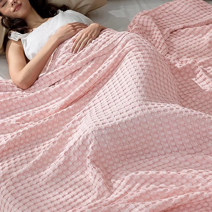 Powerful Bedsure Cooling Cotton Waffle Queen Size Blanket - Lightweight Breathable Blanket of Rayon Derived from Bamboo for Hot Sleepers Spring Pink 90x90 Inches Artisan