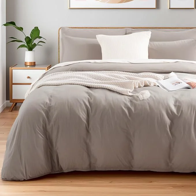 Advanced NEXHOME PRO Duvet Cover Set Queen Size Linen Look Textured Organic Natural Washed Cotton Duvet Cover Linen Grey 3 Pieces Bedding Set with Zipper Closure Breathable Soft No Comforter Green