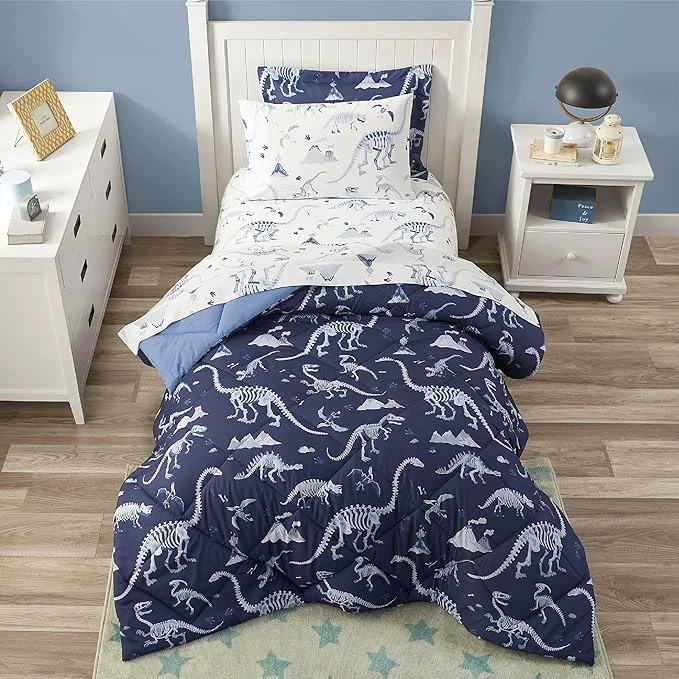 Modern Blue Dinosaur Queen Comforter Set for Boys 7 Pieces Kids Bedroom Bedding with Sheets and Pillowcase Super Soft Lightweight for All Season Machine Washable Eco-Friendly