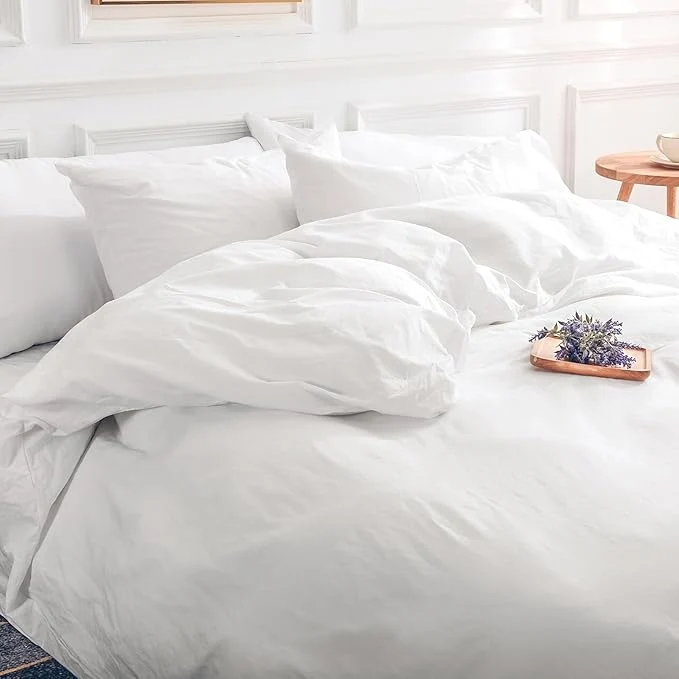 Smart NEXHOME PRO Cotton Duvet Cover Queen Size White Organic Natural Linen Feel Washed Cotton 3 Pieces Bedding Set with Zipper Closure amp Corner Ties Breathable No Comforter Green