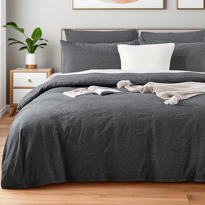 Fine NEXHOME PRO Duvet Cover Twin Washed Cotton Organic Natural Linen Like Textured Breathable Durable Bedding Set Heather Black 6890 Premium Material