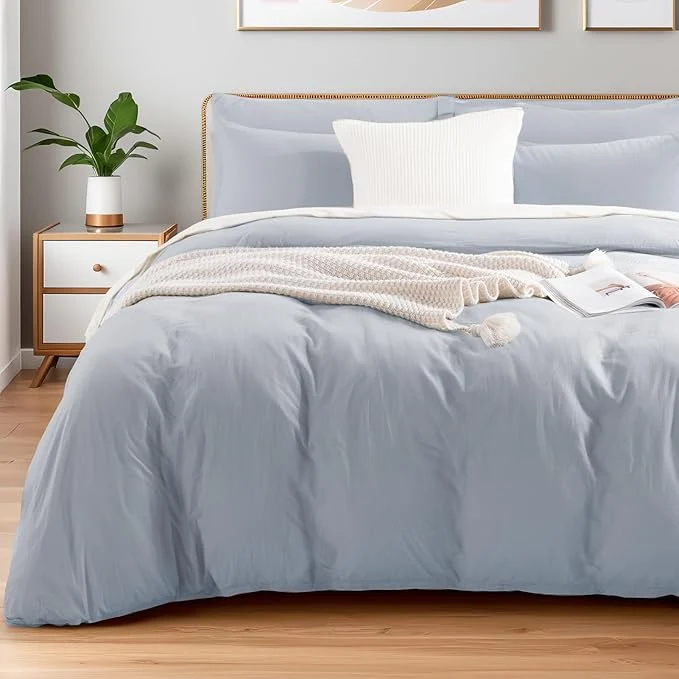 Effective NEXHOME PRO Queen Duvet Cover Set Washed Cotton with Linen-Like Texture Natural Organic Breathable amp Comfortable Includes Home Bedding Set Cornflower Blue No Comforter 9090 Unique