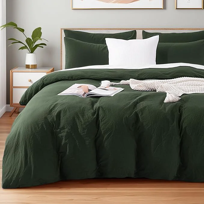 Contemporary NEXHOME PRO Full Duvet Cover Set – Organic Cotton with Washed Feel amp Linen-Like Texture Comfortable amp Breathable Home Bedding Set Olive Green No Comforter Exclusive