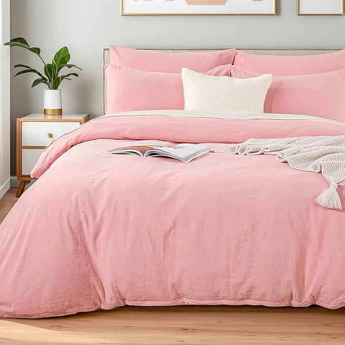 Advanced NEXHOME PRO Duvet Cover Twin Washed Cotton Organic Natural Linen Like Textured Breathable Durable Home Bedding Set Heathered Pink 6890 Premium