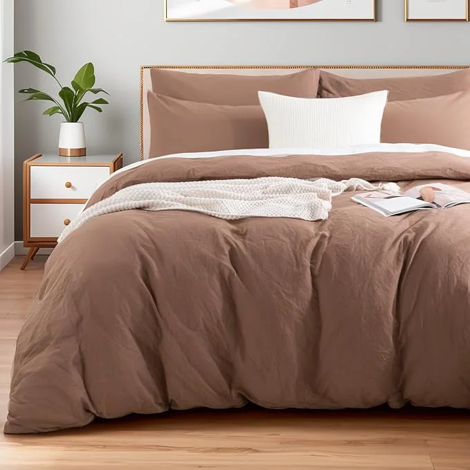 Exclusive NEXHOME PRO Duvet Cover Set Washed Cotton Full Size Linen Feel Textured Organic Natural 3 Pieces Bedding Set Mocha Brown with Zipper Closure and Corner Ties Breathable No Comforter Pure