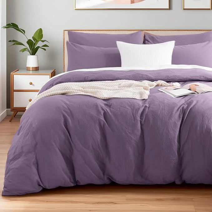 Flexible NEXHOME PRO King Duvet Cover Set Washed Cotton with Linen-Like Texture Natural Organic Breathable amp Comfortable Includes Home Bedding Set Dusty Purple No Comforter 10490 Solid