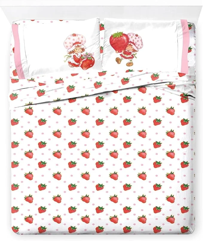 Effective Jay Franco Kids Sheet Set with Fitted Flat Sheets amp Pillow Cover - Ultra-Soft Bedding with Pillowcase for Room Decor White - Strawberry Shortcake 4 Piece Full Fine