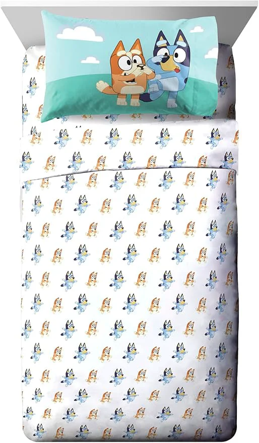 Crafted Jay Franco Kids Sheet Set with Fitted Flat Sheets amp Pillow Cover - Ultra-Soft Bedding with Pillowcase for Room Decor White - Bluey 3 Piece Toddler Premium Material