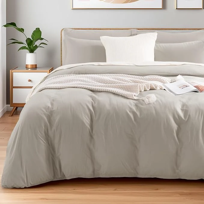 Original Design NEXHOME PRO Duvet Cover Queen Size Washed Cotton Orgnic Linen Like Textured Breathable Durable Comfy Cream Grey Official