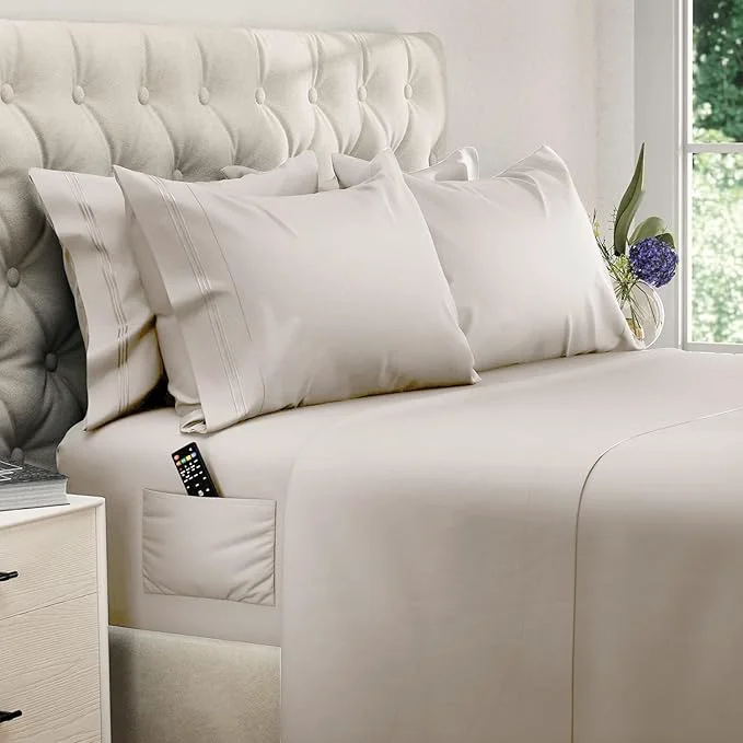 Lightweight DREAMCARE Queen Sheet Set – 6 pcs Cooling Bed Sheets – up to 21 Deep Pocket Queen Sheets Set – 2500 Supreme Collection – Extra Soft Brushed Microfiber Hotel Luxury with Side Pocket – Beige Consistent