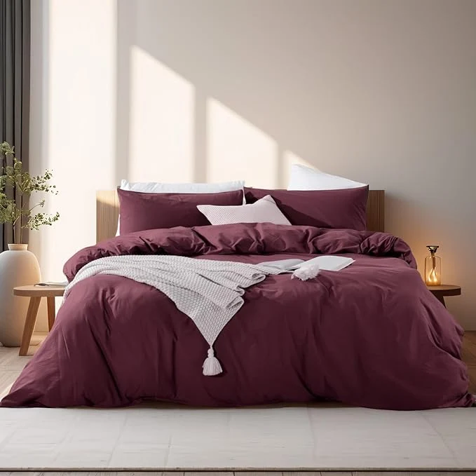 High-End NEXHOME PRO Duvet Cover Set Washed Cotton Super King 108 quot x98 quot Organic Natural Linen Look Textured 3 Pieces Bedding Set Burgundy Dark Red with Zipper Closure Breathable No Comforter Consistent