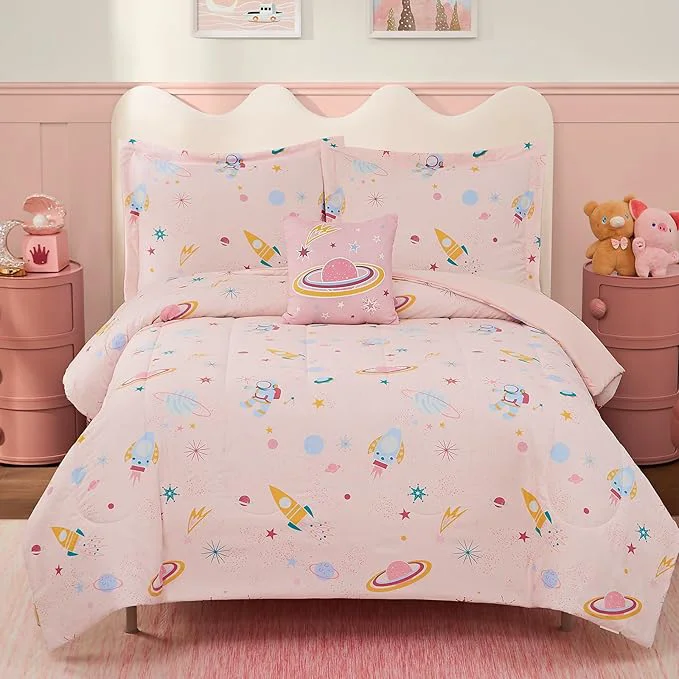 Contemporary Full Size Comforter Set for Girls-4 Pieces Space Glow in the Dark Full Bedding Sets for Kids 1 Comforter 2 Shams and 1 Decor Pillow Elite