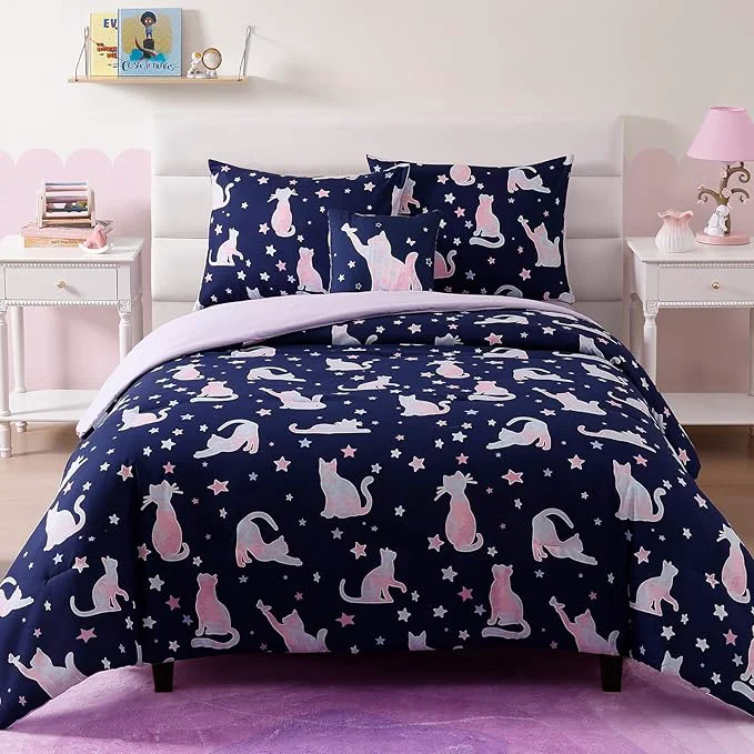 Specialty Full Size Comforter Set for Girls-4 Pieces Cute Cat Full Bedding Sets for Kids 1 Comforter 2 Shams and 1 Decor Pillow Innovative