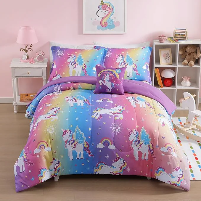 Convenient Twin Comforter Set for Girls-3 Pieces Rainbow Unicorn Twin Bedding Sets for Kids 1 Comforter 1 Sham and 1 Decor Pillow First-Class