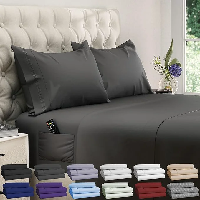 Organic DREAMCARE Twin XL Sheet Set - Cooling Bed Sheets - 4pc Set - Up to 15 quot Deep Pocket Sheets - Soft amp Long Lasting Fine Brushed Polyester with Side Pocket - Gray Next-Generation