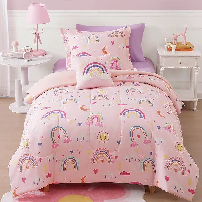 Minimalist Twin Comforter Set for Girls-3 Pieces Pink Rainbow Glow in the Dark Twin Bedding Sets for Kids 1 Comforter 1 Sham and 1 Decor Pillow High-Quality