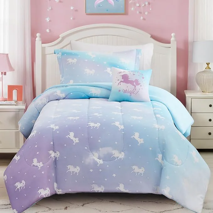 Carefully Designed Full Size Comforter Set for Girls-4 Pieces Unicorn Glow in the Dark Full Bedding Sets for Kids 1 Comforter 2 Shams and 1 Decor Pillow Healthy
