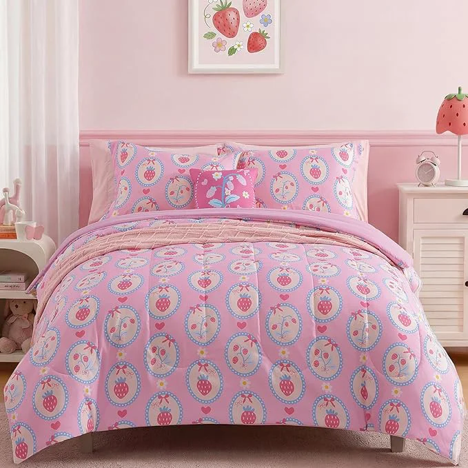 Environmentally Friendly Twin Comforter Set for Girls-3 Pieces Pink Strawberry Twin Bedding Sets for Kids 1 Comforter 1 Sham and 1 Decor Pillow Artisan