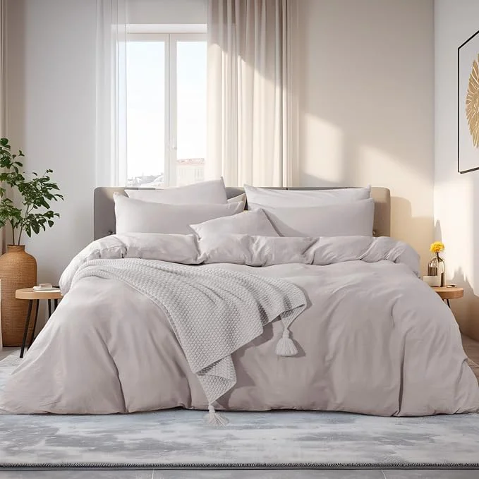 Secure NEXHOME PRO Duvet Cover Twin Size Washed Cotton Orgnic Linen Like Textured Breathable Durable Comfy 3 PCs Home Bedding Set Dependable