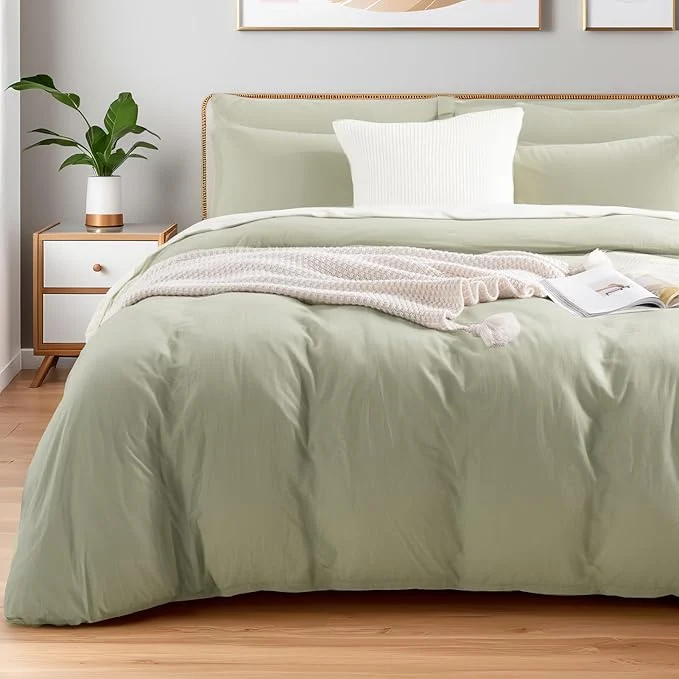 Excellent NEXHOME PRO Twin Duvet Cover Set – Organic Cotton with Washed Feel amp Linen-Like Texture Comfortable amp Breathable Home Bedding Set Sage Green No Comforter Prestigious