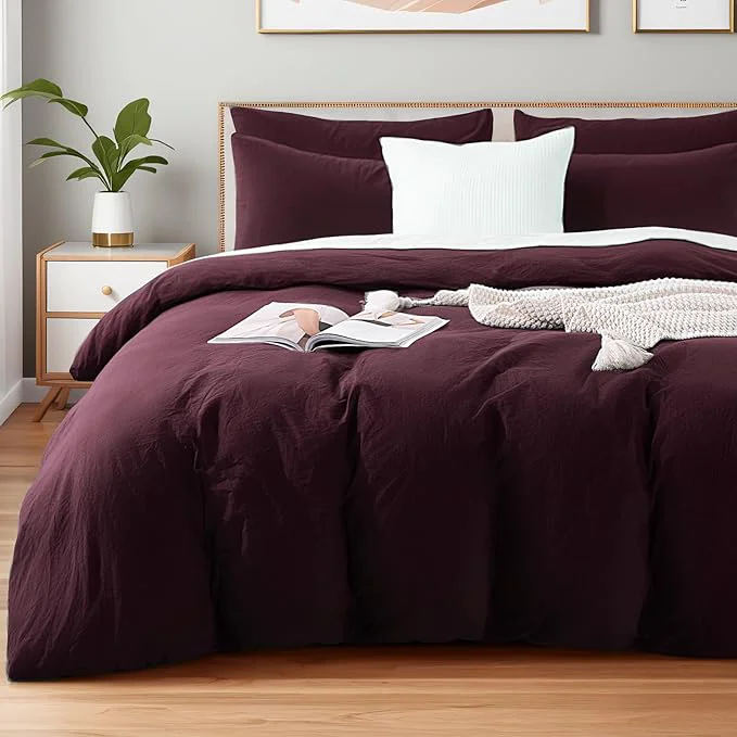 Next-Generation NEXHOME PRO Duvet Cover Set Kids Twin Size Linen Look Textured Organic Natural Washed Cotton Duvet Cover Burgundy Dark Red 2 Pieces Bedding Set with Zipper Closure Breathable No Comforter Casual
