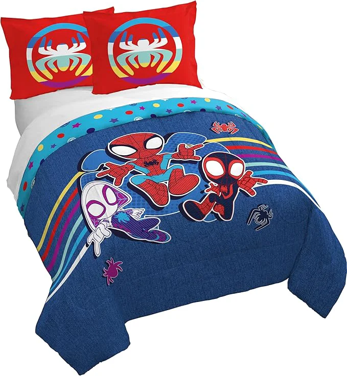 Long-Lasting Jay Franco Duvet Cover Set – 3 Piece Comforter Cover and Sham Set Super Soft Cozy Kids Bedding Insert Not Included Blue - Spidey amp Friends Full Premium Material