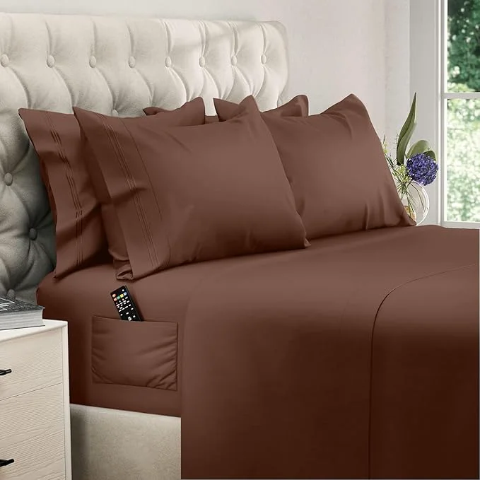 Breathable DREAMCARE Full Size Sheets Set - 6 Pcs Deep Pocket Cooling Bed Sheets - Soft Long Lasting Brushed Microfiber with Side Pocket Mocha Brown Full Smart