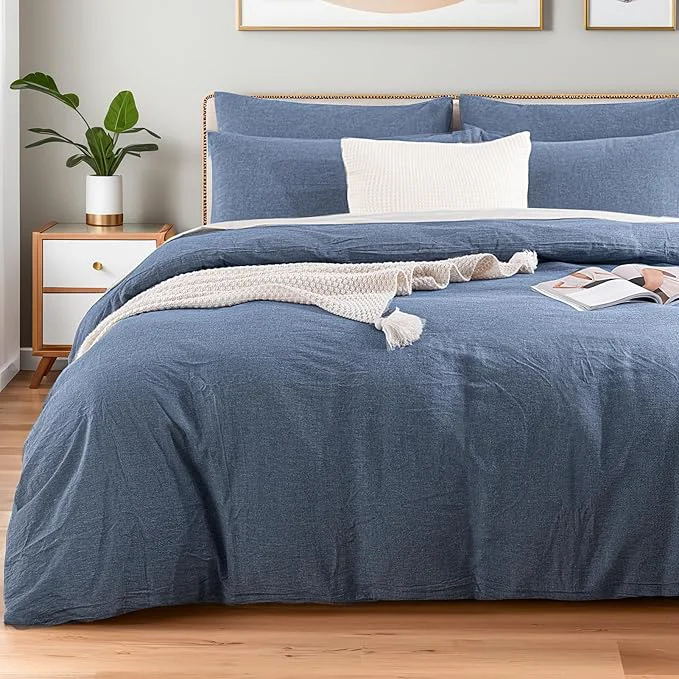Exceptional NEXHOME PRO Duvet Cover King Washed Cotton Organic Natural Linen Like Textured Breathable Durable Home Bedding Set Heathered Blue 10490 Relaxed